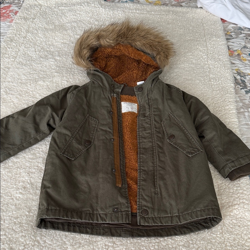 Zara Kids Olive Green Hooded Jacket with Faux Fur Trim